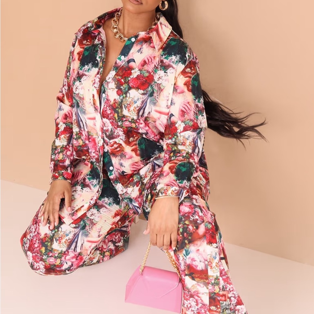 PrettyLittleThing 2pc Rose Femme
Renaissance Print Satin Shirt & Pants Set -Sz 6 - Picture 6 of 10